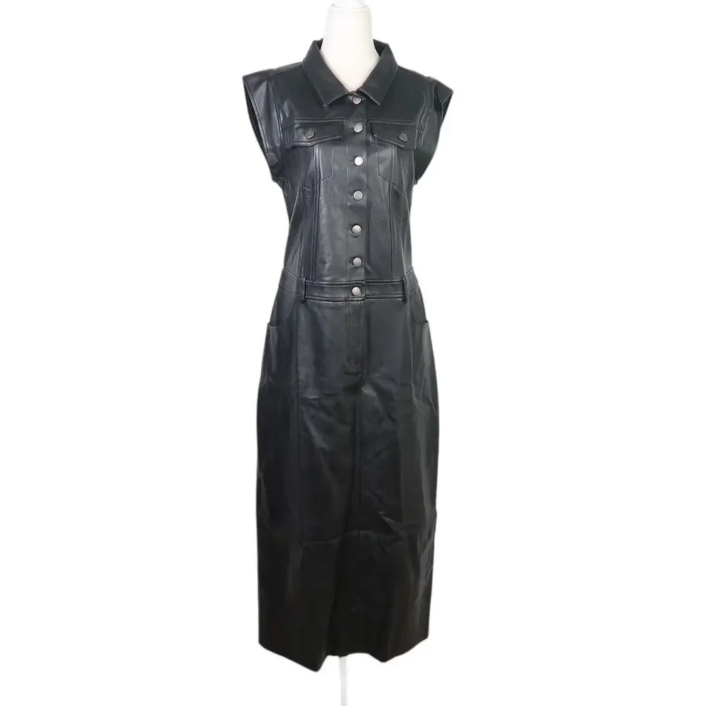 Free People Danni Black Faux Leather Midi Shirt Dress Small